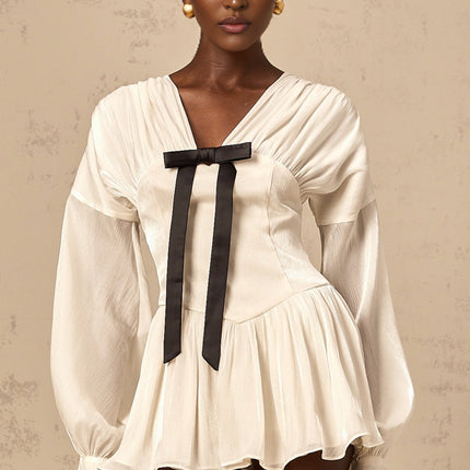 Lorelei White Glitter Bow V-Neck Mini Dress with Puff Sleeves and Cinched Waist
