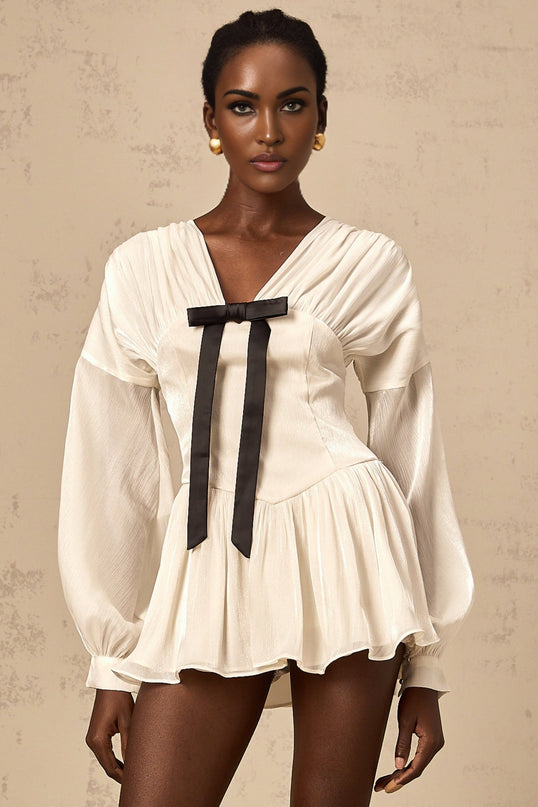 Lorelei White Glitter Bow V-Neck Mini Dress with Puff Sleeves and Cinched Waist