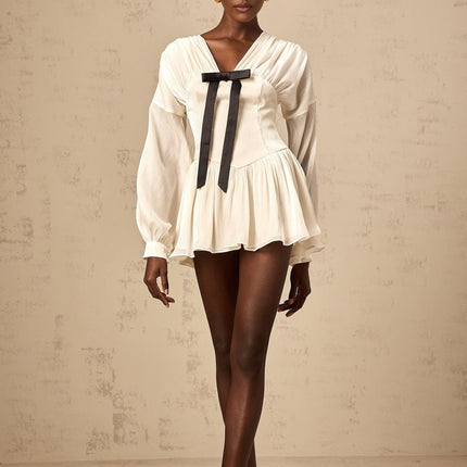 Lorelei White Glitter Bow V-Neck Mini Dress with Long Puff Sleeves and Cinched Waist