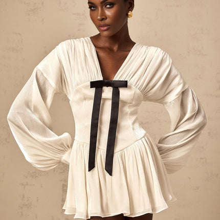 Lorelei White Glitter Bow V-Neck Mini Dress with Long Puff Sleeves and Cinched Waist