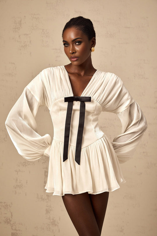 Lorelei White Glitter Bow V-Neck Mini Dress with Long Puff Sleeves and Cinched Waist