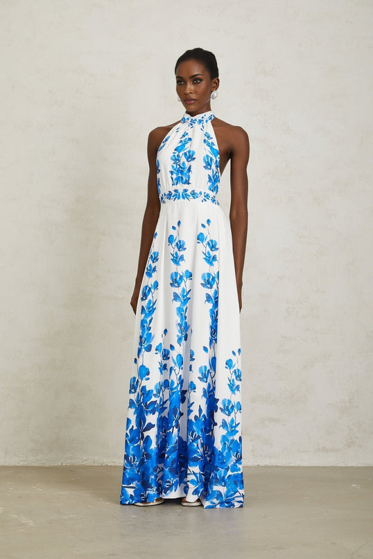 Lorena Blue Halterneck Floral Print Maxi Dress