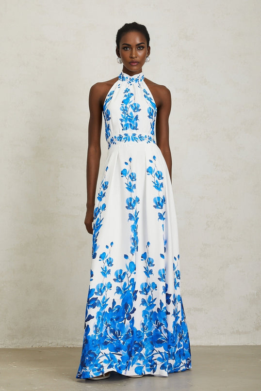 Lorena Blue Halterneck Floral Print Maxi Dress