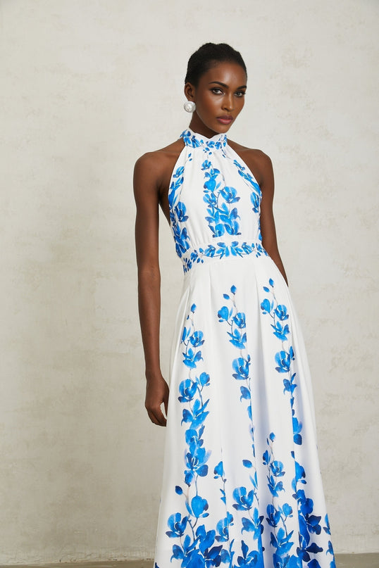 Lorena Blue Halterneck Floral Print Maxi Dress