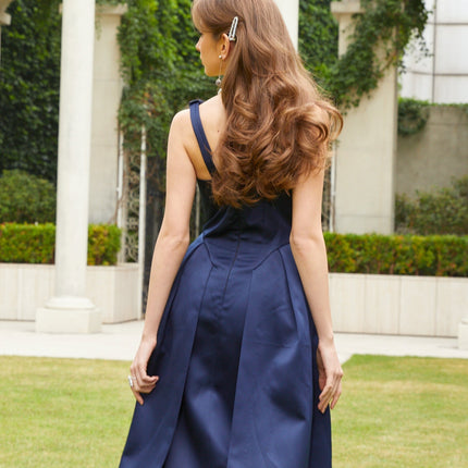 Lorenza Dark Blue Satin Midi Dress with Twist Straps and V-Neck