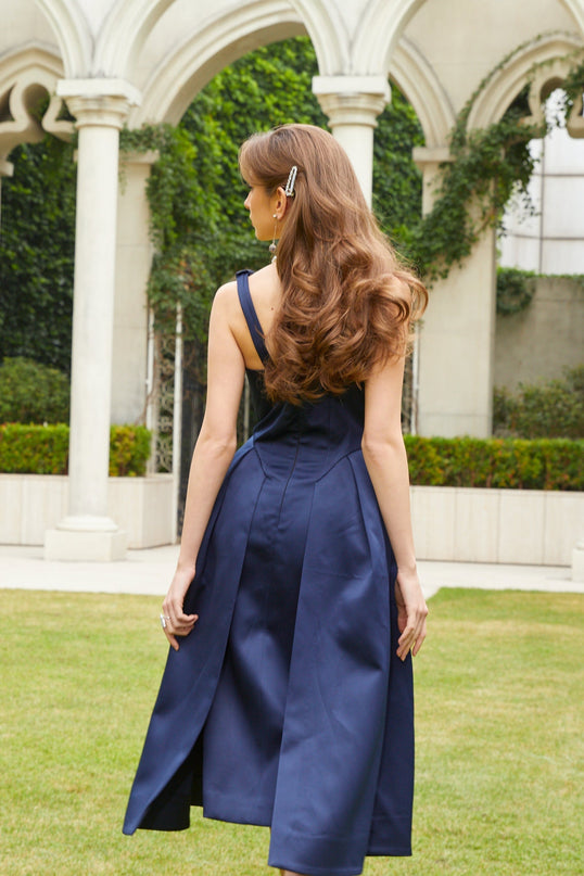 Lorenza Dark Blue Satin Midi Dress with Twist Straps and V-Neck