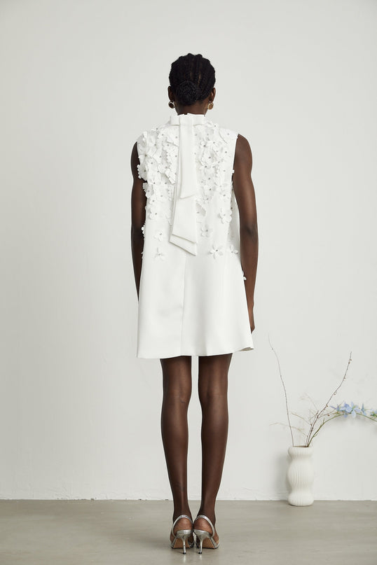 Lorenza White Faux-Flower Crystal Embellished Mini Dress