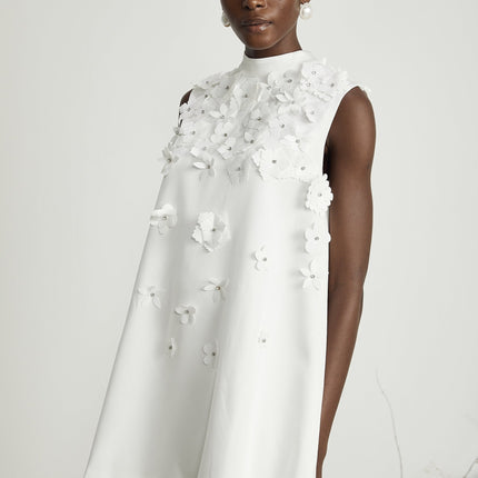 Lorenza White Faux-Flower Crystal Embellished Mini Dress