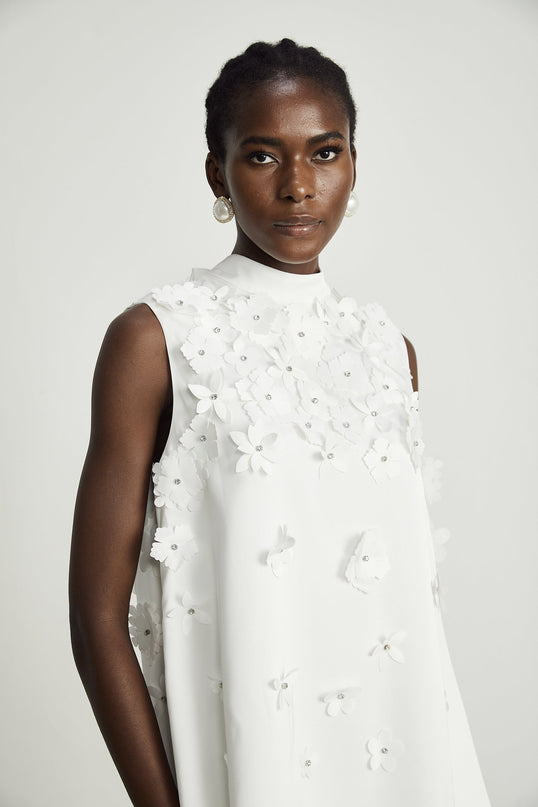 Lorenza White Faux-Flower Crystal Embellished Mini Dress