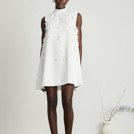 Lorenza White Faux-Flower Crystal Embellished Mini Dress
