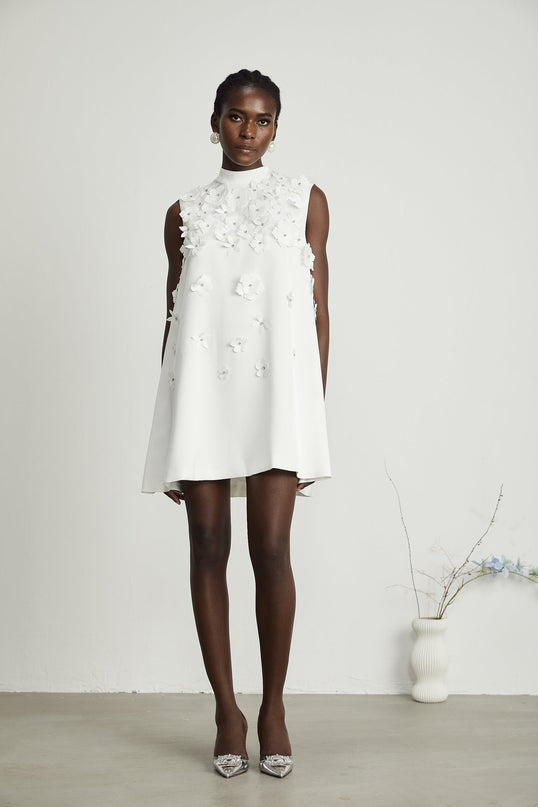 Lorenza White Faux-Flower Crystal Embellished Mini Dress