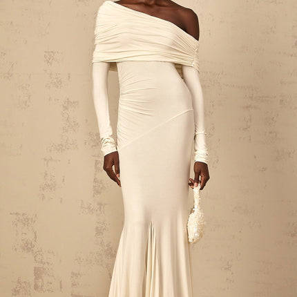 Lorenza White Maxi Dress with Off-Shoulder Design and Ruched Detailing