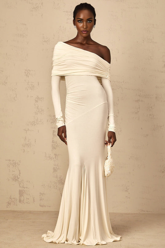 Lorenza White Maxi Dress with Off-Shoulder Design and Ruched Detailing