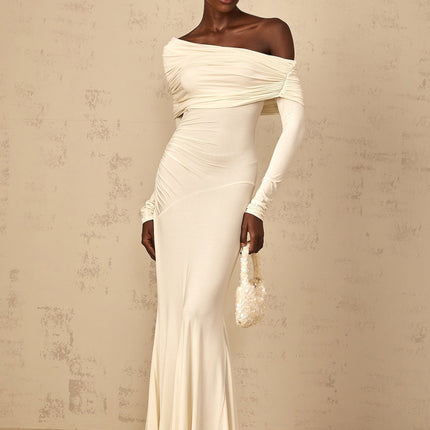 Lorenza White Maxi Dress with Off-Shoulder Design and Ruched Detailing in Viscose and Elastane Blend for Formal Events