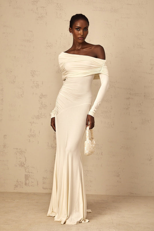 Lorenza White Maxi Dress with Off-Shoulder Design and Ruched Detailing in Viscose and Elastane Blend for Formal Events