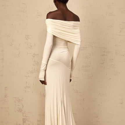 Lorenza White Maxi Dress with Off-Shoulder Design and Ruched Detailing in Viscose and Elastane Blend
