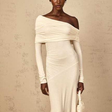 Lorenza White Maxi Dress with Off-Shoulder Design and Ruched Detailing in Viscose and Elastane Blend