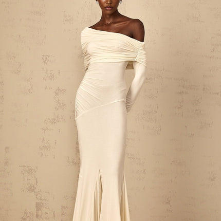 Lorenza White Maxi Dress with Off-Shoulder Design and Ruched Detailing in Viscose and Elastane Blend