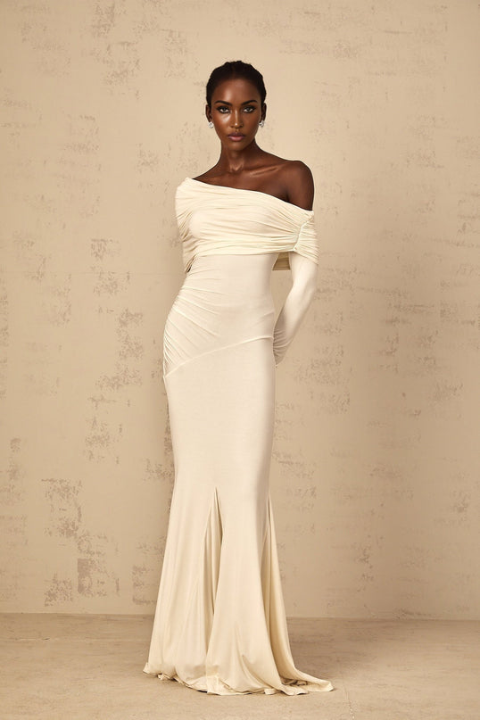 Lorenza White Maxi Dress with Off-Shoulder Design and Ruched Detailing in Viscose and Elastane Blend