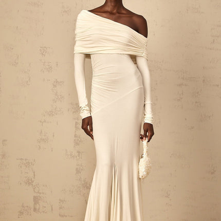 Lorenza White Maxi Dress with Off-Shoulder Design and Ruched Detailing in Viscose Elastane Blend for Formal Events