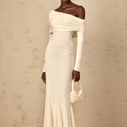 Lorenza White Maxi Dress with Off-Shoulder Design and Ruched Detailing