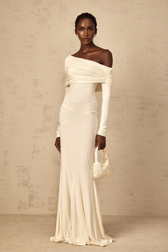 Lorenza White Maxi Dress with Off-Shoulder Design and Ruched Detailing