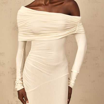 Lorenza White Maxi Dress with Off-Shoulder Design and Ruched Detailing in Viscose and Elastane Blend