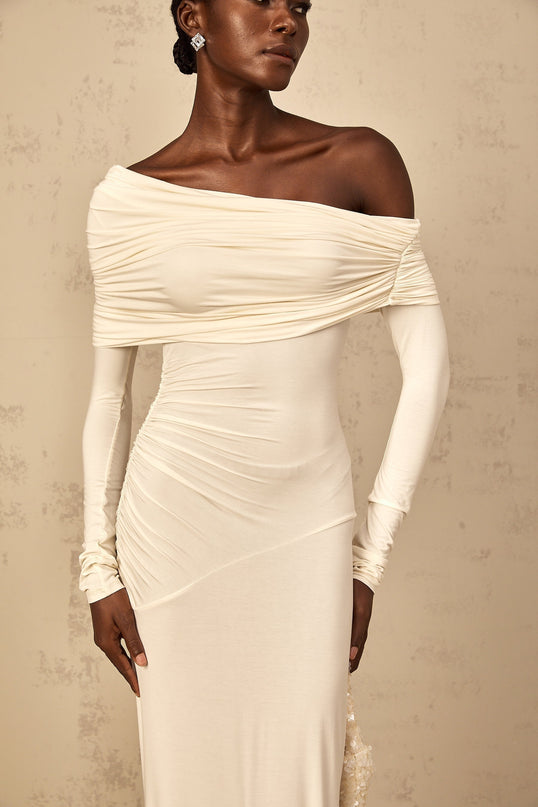 Lorenza White Maxi Dress with Off-Shoulder Design and Ruched Detailing in Viscose and Elastane Blend