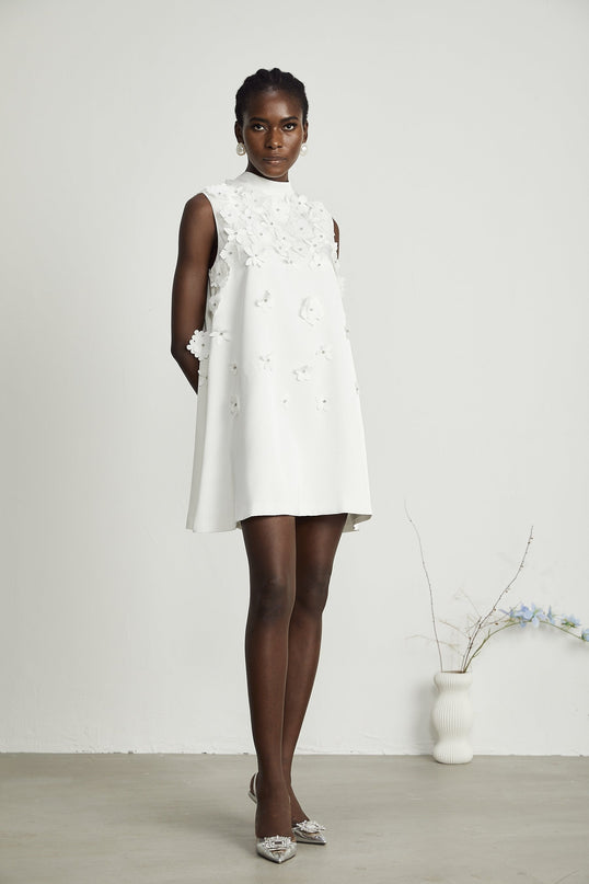 Lorenza White Mini Dress with Faux-Flower Design and Crystal Embellishments