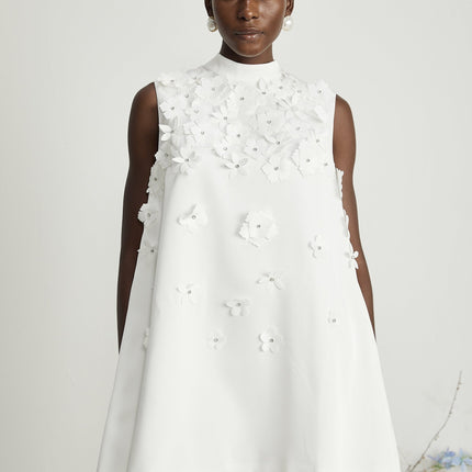Lorenza White Mini Dress Faux-Flower Crystal Embellishments Round Neck Straight Hem Rear Zip Fastening Thigh-Length 70% Terylene 30% Cotton Special Occasion