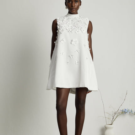 Lorenza White Mini Dress faux-flower crystal embellishments round neck straight hem rear zip fastening thigh-length 70% Terylene 30% Cotton