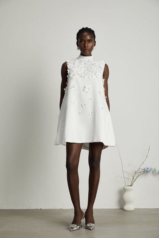 Lorenza White Mini Dress faux-flower crystal embellishments round neck straight hem rear zip fastening thigh-length 70% Terylene 30% Cotton