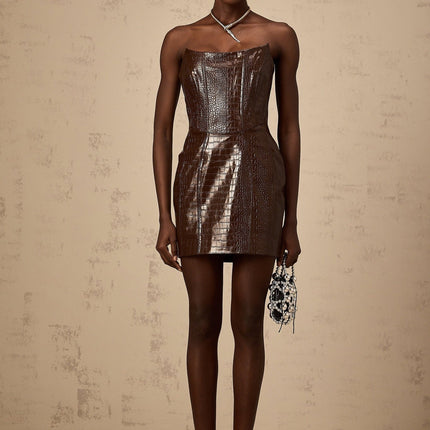 Lorenzina Brown Leather Mini Dress