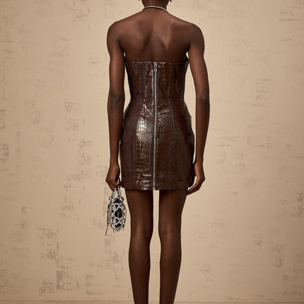 Lorenzina Brown Leather Off Shoulder Mini Dress