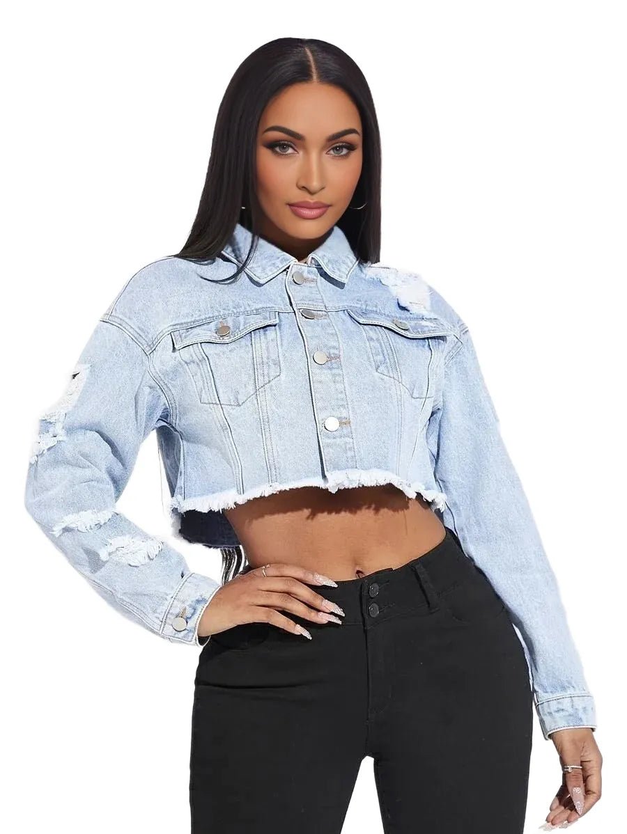 Lucia Cropped Denim Jacket with Distressed Details in Blue - Blue