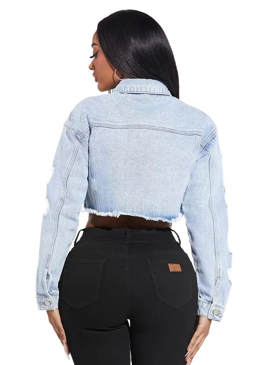 Lucia Cropped Denim Jacket with Distressed Details in Blue - Blue