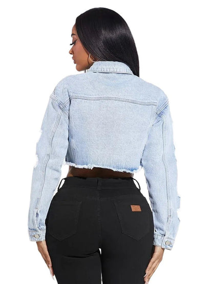 Lucia Cropped Denim Jacket with Distressed Details in Blue - Blue