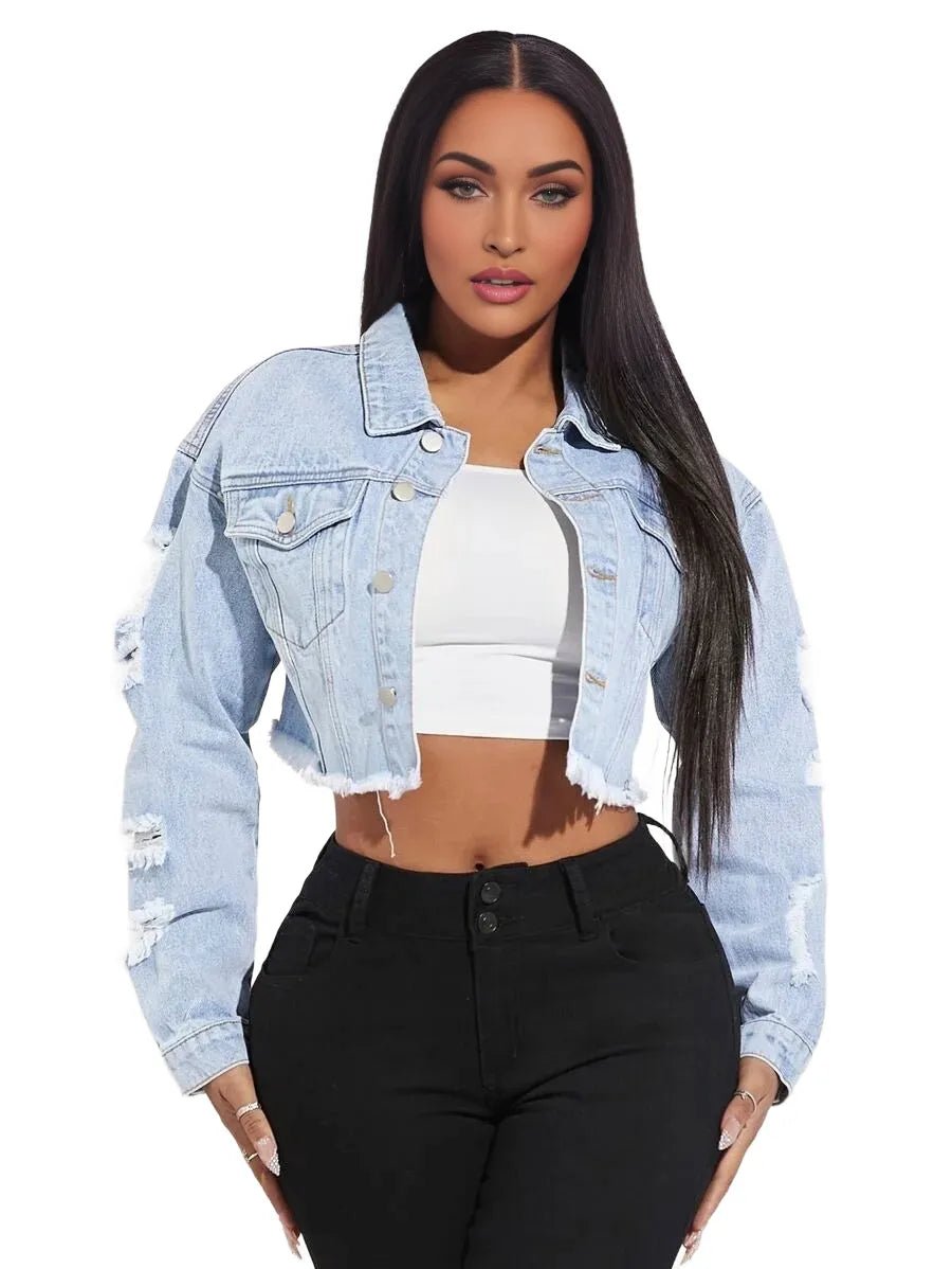 Lucia Cropped Denim Jacket with Distressed Details in Blue - Blue