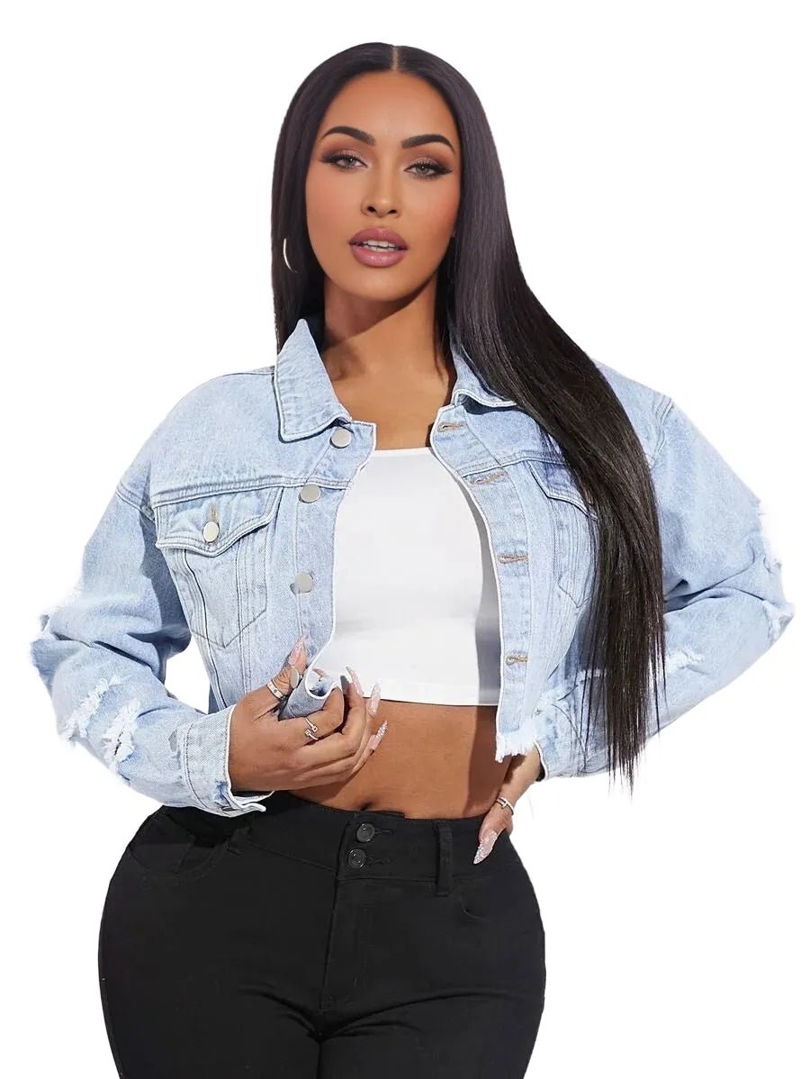 Lucia Cropped Denim Jacket with Distressed Details in Blue - Blue