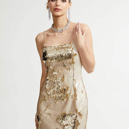 Lucia Gold Reversible Sequin Mini Dress 100 Percent Polyester Spaghetti Straps Rear Zip Fastening