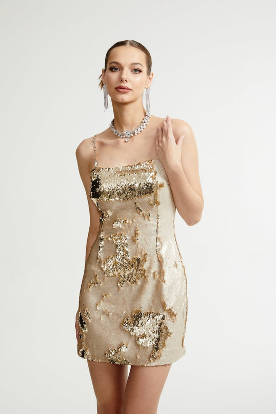 Lucia Gold Reversible Sequin Mini Dress 100 Percent Polyester Spaghetti Straps Rear Zip Fastening