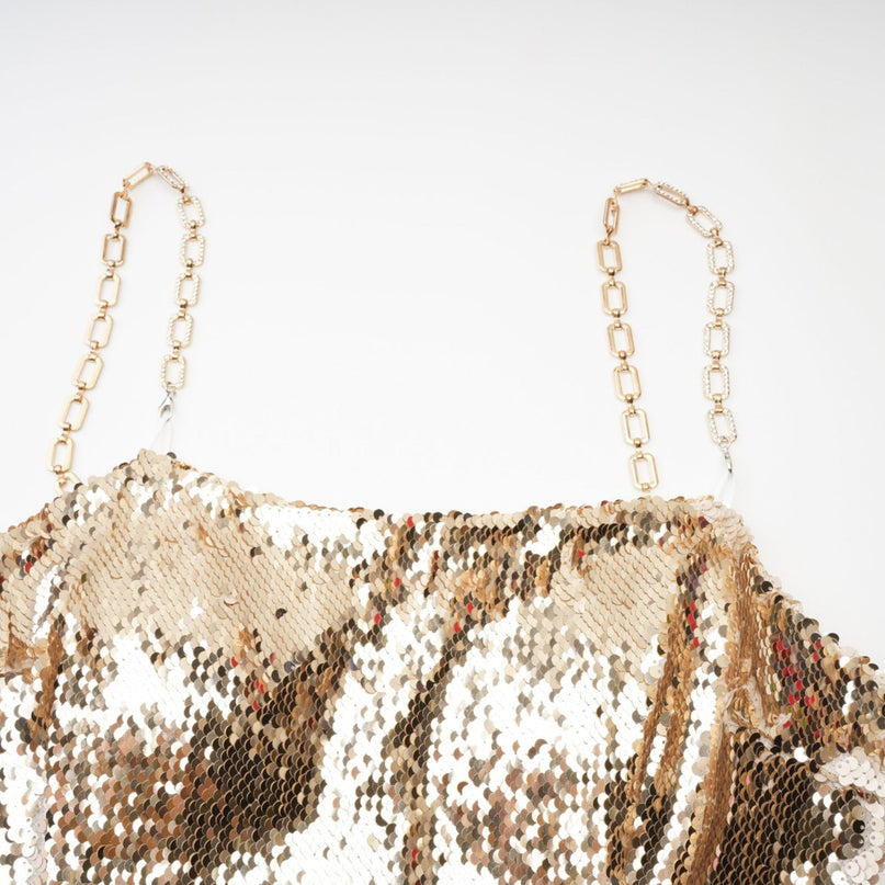 Lucia Gold Reversible Sequin Mini Dress 100 Percent Polyester Spaghetti Straps Rear Zip Fastening