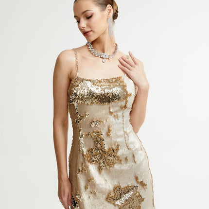 Lucia Gold Reversible Sequin Mini Dress 100 Percent Polyester Spaghetti Straps Rear Zip Fastening