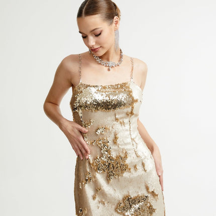 Lucia Gold Reversible Sequin Mini Dress 100% Polyester Spaghetti Straps Rear Zip Fastening