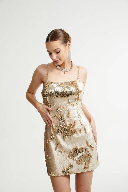 Lucia Gold Reversible Sequin Mini Dress 100% Polyester Spaghetti Straps Rear Zip Fastening