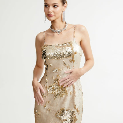 Lucia Gold Reversible Sequin Mini Dress 100 Percent Polyester Spaghetti Straps Rear Zip Fastening