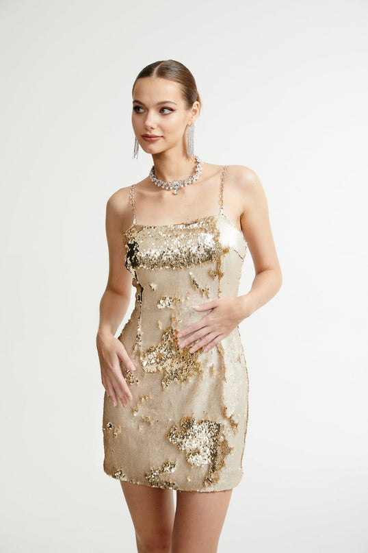 Lucia Gold Reversible Sequin Mini Dress 100 Percent Polyester Spaghetti Straps Rear Zip Fastening