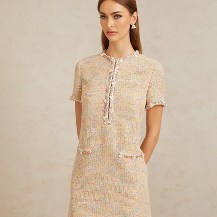 Lucia Mini Dress in Neutrals Crochet Knit Metallic Sequin Bead Faux Pearl Crystal Embellishments Short Sleeves Round Neck Faux Pocket Detailing Front Hook Fastening Mini Length Silhouette Terylene Fiber Cotton Blend Elegance Contemporary Style