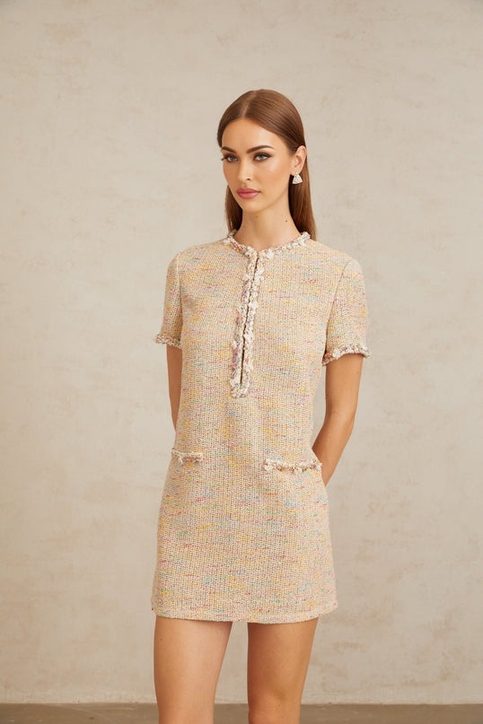 Lucia Mini Dress in Neutrals Crochet Knit Metallic Sequin Bead Faux Pearl Crystal Embellishments Short Sleeves Round Neck Faux Pocket Detailing Front Hook Fastening Mini Length Silhouette Terylene Fiber Cotton Blend Elegance Contemporary Style