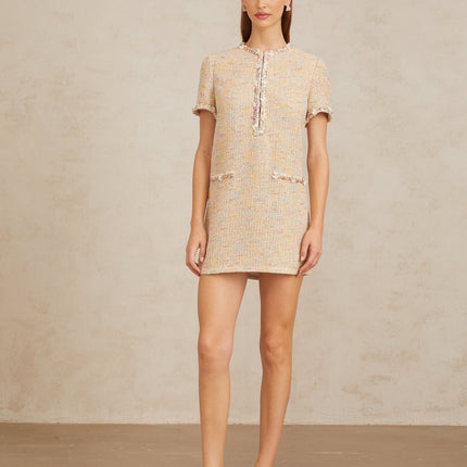 Lucia Mini Dress in Neutrals Crochet Knit with Metallic Threading and Sequin Detailing